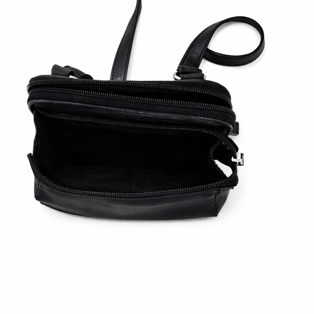 Fossil Black Leather Crossbody Bag Adjustable Strap Multi Zip - Picture 3 of 7